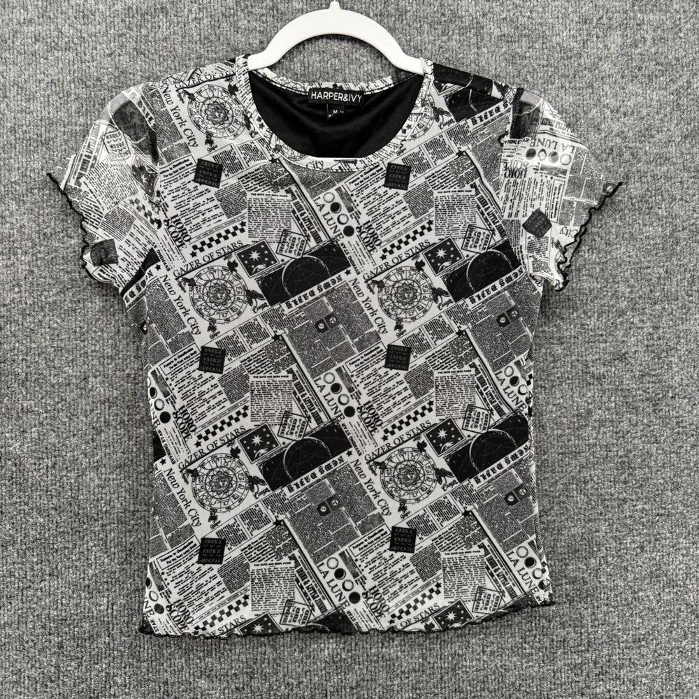 Womens Y2K Top Size M Newspaper Print Mesh Sheer Fitted 90s Grunge Baby Tee